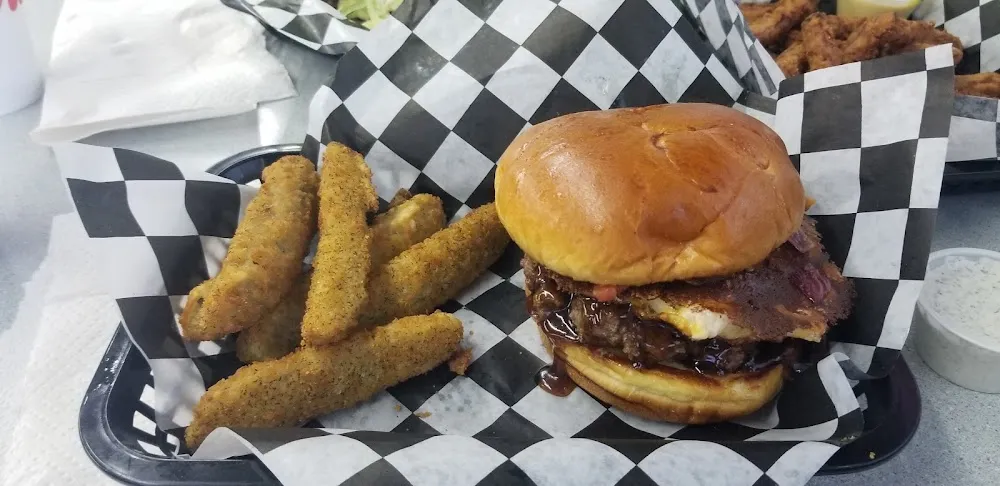 Grilled Mac and Cheese Burger and Fried Pickle Spears